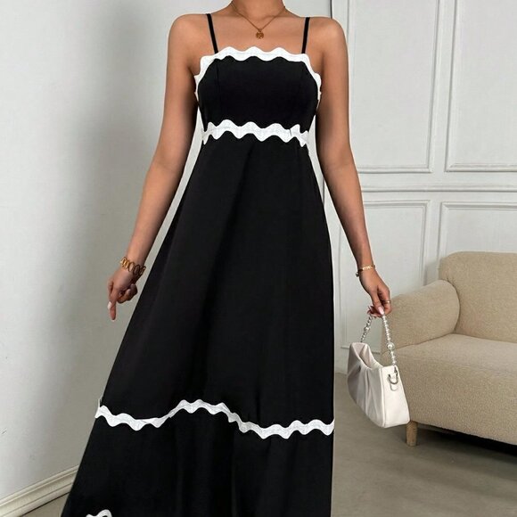 Black Boho Womens Color Block Woven Strap Splice Sleeveless Dress - Picture 3 of 5